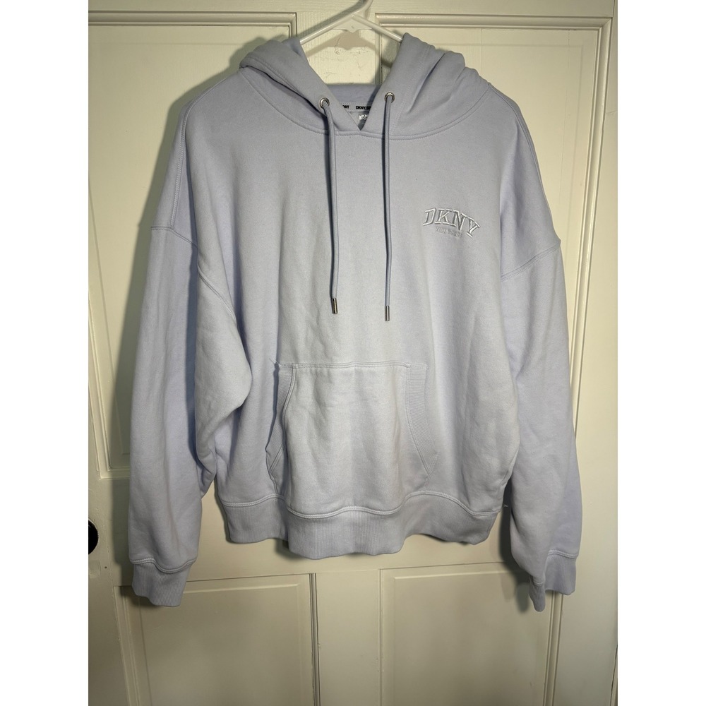 DKNY Sport Womens Light Blue Embroidered Logo Pullover Hoodie Sweatshirt Large